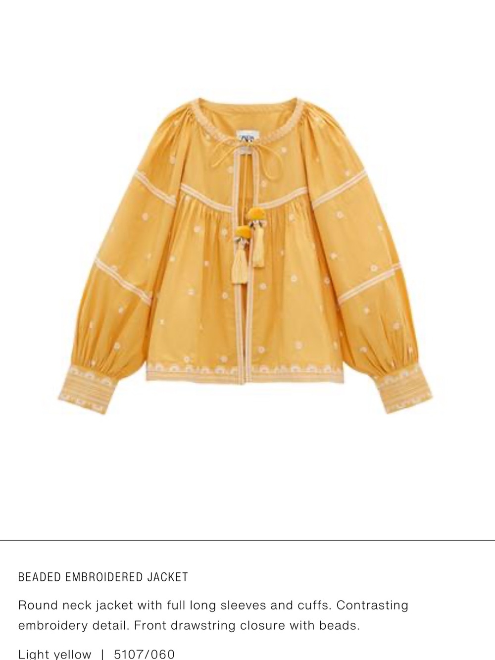 Zara Beaded Embroidered Drawstring Jacket - Yellow